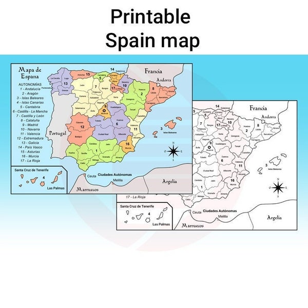 Druckbare Spanien Landkarte Reise Karte Geographie Büro Haus Dekor Wand Kunst Studium Schulbedarf Lernmaterial digitaler Download