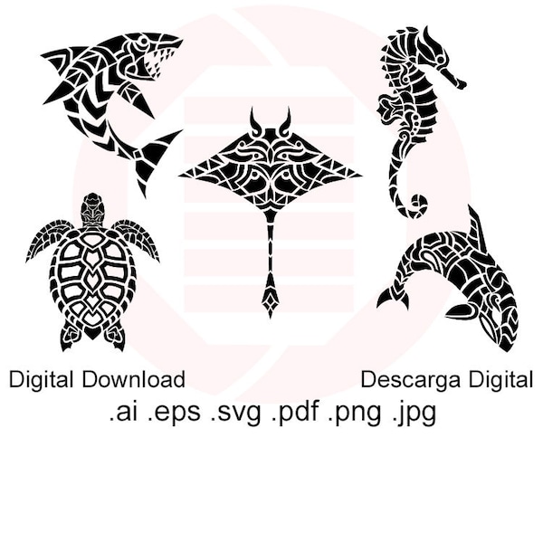Ocean marine animals SVG Cricut cut files clipart tribal hawaii printable wall art decal Sea Turtle Seahorse Orca Shark Manta ray download