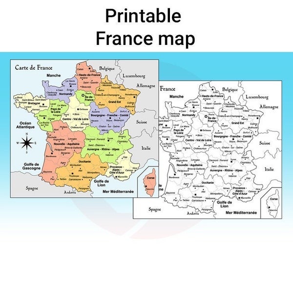 Printable France map Carte de France political map home decor room decor wall art Kids study School supplies material digital download