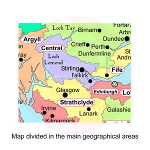 May include: A colorful map of Scotland, divided into geographical regions. Key cities like Glasgow, Edinburgh, and Stirling are marked with black dots. The map includes the text "Map divided in the main geographical areas".