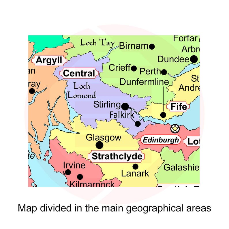 May include: A colorful map of Scotland, divided into geographical regions. Key cities like Glasgow, Edinburgh, and Stirling are marked with black dots. The map includes the text "Map divided in the main geographical areas".