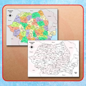 Może przedstawiać: Dwie mapy Rumunii. Górna mapa jest kodowana kolorami według regionów, z tekstem "Romania map" i różą wiatrów w lewym górnym rogu. Dolna mapa to czarno-biały kontur Rumunii.