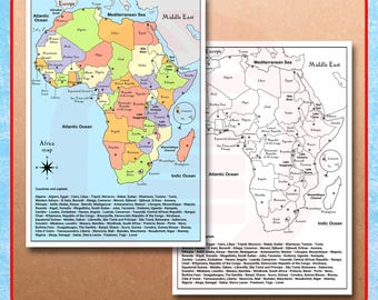 Printable Africa political map Continent countries school map travel plans Digital download