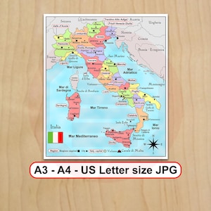 印刷可能なイタリア地図 旅行プラン 政治地域 都市 首都 JPG デジタルダウンロード