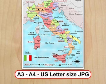 Printable Italy map Travel plans Political Regions Cities capitals JPG Digital download