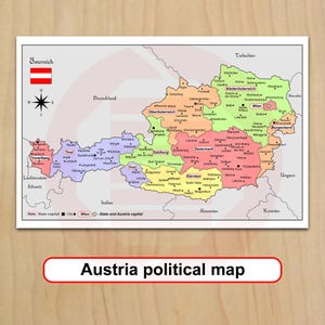 Puede incluir: Un mapa político de Austria que muestra los nueve estados federales en colores distintos, incluyendo verde, rosa, amarillo, naranja y morado. El mapa presenta las capitales estatales, ciudades principales, la bandera nacional, una rosa de los vientos y países vecinos.