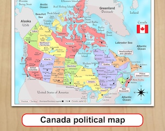 Canada political map print Provinces and cities Travel plans School Digital download