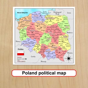 May include: A detailed political map of Poland, showing regional divisions and major cities. The map includes the Polish flag and the text "Poland political map" in a red banner. The background is a light wood texture.
