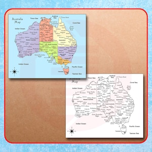 Druckbare Australien Landkarte, Australien Reiseplan, Australien Landkarte, Schuldeko, Landkarte, moderne Kunst,