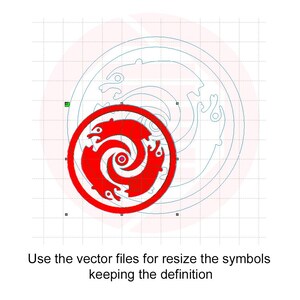 Peut inclure: Un motif circulaire rouge avec trois figures d'animaux stylis&eacute;es en spirale, centr&eacute; sur un contour bleu p&acirc;le d'un motif similaire. Le texte de l'image dit : "Use the vector files for resize the symbols keeping the definition."