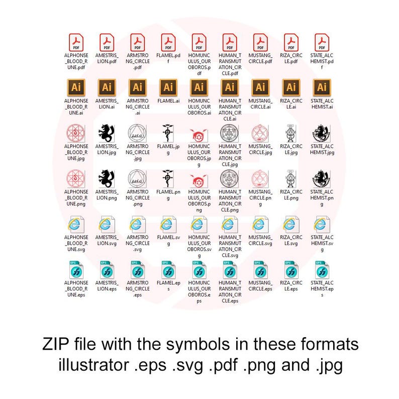Puede incluir: Iconos de archivos en formatos PDF, AI, JPG, PNG, SVG y EPS. Los archivos est&aacute;n etiquetados con texto y s&iacute;mbolos. La imagen incluye el texto "ZIP file with the symbols in these formats illustrator .eps .svg .pdf .png and .jpg."