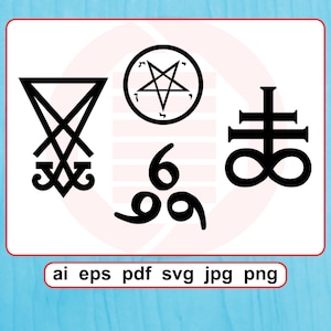 May include: Black and white graphic design featuring several occult symbols, including a pentagram within a circle, a Leviathan cross, and the number 666. The image also includes the text "ai eps pdf svg jpg png".