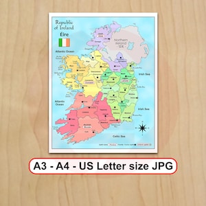印刷可能なアイルランドの政治地図の壁掛けアートプリント アイルランド旅行プラン 学校学習用 デジタルダウンロード