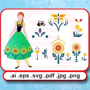 Może przedstawiać: Cyfrowa ilustracja postaci z kreskówki w zielonej sukience z akcentami słoneczników, wraz z różnymi wzorami kwiatowymi i owadami. Obraz zawiera rozszerzenia typów plików: .ai, .eps, .svg, .pdf, .jpg i .png.