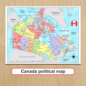 Peut inclure: Une carte politique du Canada, colorée, indiquant les provinces, les territoires et les principales villes. La carte comprend le drapeau canadien et est intitulée "Canada political map" dans une bannière rouge.