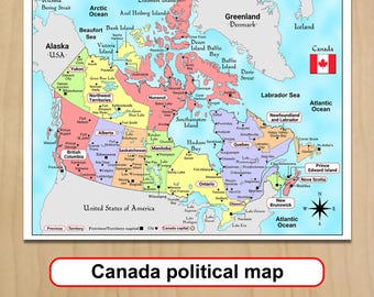 Canada political map print Provinces and cities Travel plans School Digital download