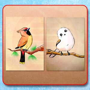 Watercolor Bird Painting: Shima Enaga & Waxwing Art Print (Digital Download A4/US Letter Size)