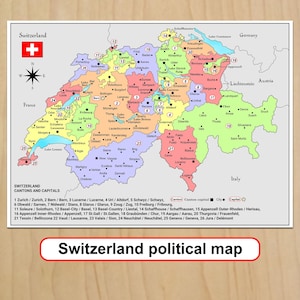 Afdrukbare politieke kaart van Zwitserland Schoolstudie reisplannen digitale download