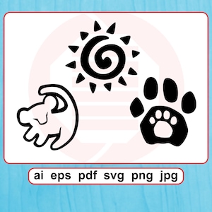 Puede incluir: Diseño gráfico en blanco y negro con un cachorro de león, un sol y una huella de pata. La imagen incluye opciones de tipo de archivo: ai, eps, pdf, svg, png y jpg. Adecuado para proyectos creativos.