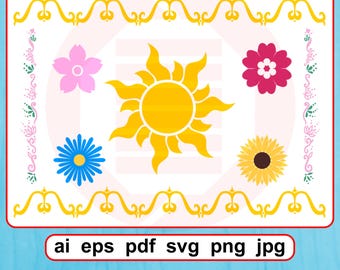 May include: A white background with a red border features a collection of floral and sun designs in pink, yellow, and blue. The text "ai eps pdf svg png jpg" is at the bottom. Decorative elements include a sun, flowers, and ornate borders.