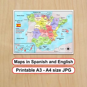 Mappa stampabile della Spagna da parete, stampa politica in inglese e spagnolo, piani di viaggio, scuola, download digitale