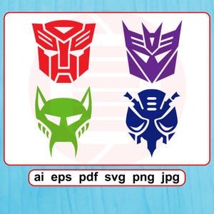 May include: Four colorful vector graphics of robot symbols in red, purple, green, and blue. The image includes the text "ai eps pdf svg png jpg" at the bottom, indicating file formats.