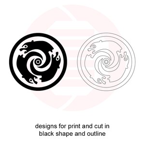 Peut inclure: Deux motifs circulaires avec un motif animal stylis&eacute;. L'un est une forme noire pleine, l'autre un contour. Les motifs comprennent un centre en spirale et le texte "designs for print and cut in black shape and outline."
