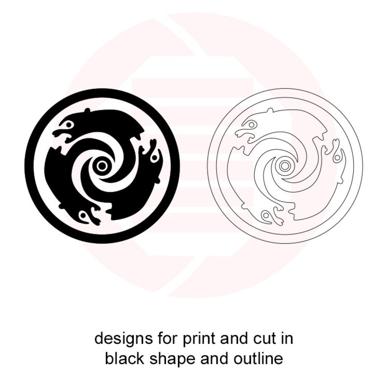 Peut inclure: Deux motifs circulaires avec un motif animal stylis&eacute;. L'un est une forme noire pleine, l'autre un contour. Les motifs comprennent un centre en spirale et le texte "designs for print and cut in black shape and outline."