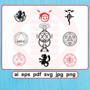 Op de afbeelding: Een verzameling zwarte en rode grafische ontwerpen, waaronder symbolen en emblemen. De ontwerpen bevatten verschillende vormen, zoals sterren, cirkels en geometrische patronen. De afbeelding bevat ook tekst onderaan met bestandsformaten: ai, eps, pdf, svg, jpg en png.