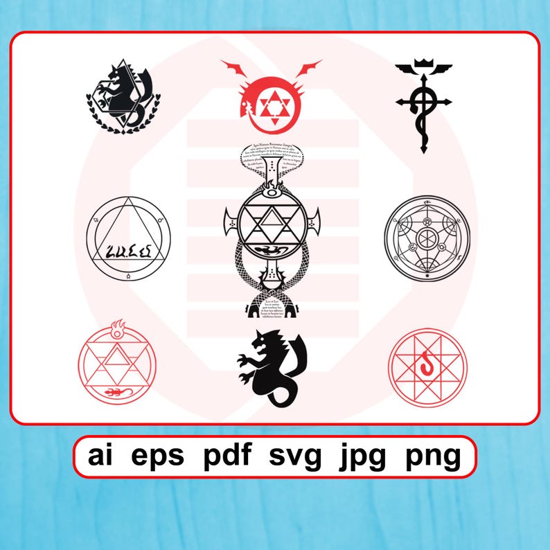 Puede incluir: Una colecci&oacute;n de dise&ntilde;os gr&aacute;ficos en negro y rojo, que incluyen s&iacute;mbolos y emblemas. Los dise&ntilde;os presentan varias formas, como estrellas, c&iacute;rculos y patrones geom&eacute;tricos. La imagen tambi&eacute;n incluye texto en la parte inferior que indica los formatos de archivo: ai, eps, pdf, svg, jpg y png.