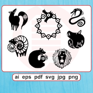 Puede incluir: Ilustraciones gráficas en blanco y negro de siete animales y símbolos diferentes. Los animales incluyen un zorro, una serpiente, un jabalí, un carnero, un oso y un león. También incluye el texto "ai eps pdf svg jpg png".