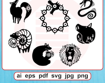 Archivos de corte SVG de anime, calcomanía vectorial con símbolos de los 7 pecados capitales, tatuaje para cosplay, descarga digital.