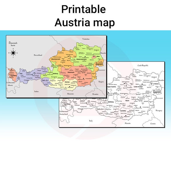 Printable Austria map Österreich karte political map study map home decor wall art file Kids study School supplies material digital download