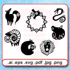 Anime SVG Nanatsu Taizai 7 Todsünden Symbole Vektor Tattoo Cosplay druckbare Aufkleber Clipart Meliodas Ban Diane King Scanor Merlin Gowther