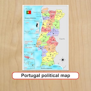 May include: A colourful political map of Portugal featuring distinct regions in shades of yellow, green, pink, and purple. The map includes the national flag, an inset of the Azores and Madeira islands, and labels for cities, districts, and oceans.