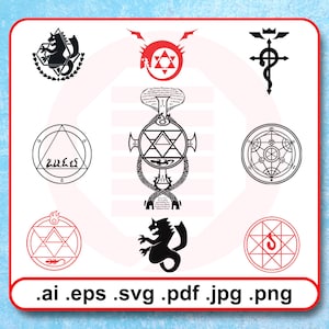 Anime SVG vector cut file clipart cosplay Full metal alchemist symbol FMA printable wall art decal Ouroboros Edward Alphonse Hawkeye Mustang