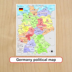 Pode incluir: Um mapa político colorido da Alemanha, mostrando os estados e as principais cidades. O mapa inclui a bandeira alemã e o texto "Germany political map" em uma faixa vermelha na parte inferior.
