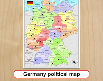 Printable Germany political map Deutschland Travel plans map School study Digital download