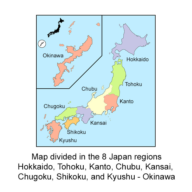 TK TAKEOKIKUCHI スーベニアJK JAPAN MAP Map of Japan color-coded into 8 with prefecture - Stock