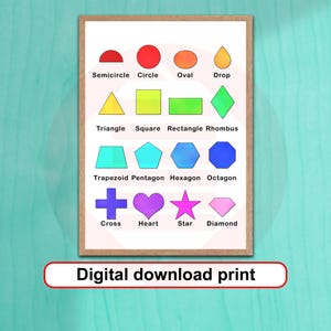 Può includere: Un poster educativo incorniciato con sedici forme geometriche colorate disposte su quattro righe. Ogni forma è etichettata con il suo nome in testo nero, tra cui semicerchio, cerchio, ovale, goccia, triangolo, quadrato, rettangolo, rombo, trapezio, pentagono, esagono, ottagono, croce, cuore, stella e diamante.