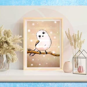 Pintura de pájaro en acuarela imprimible Shima enaga, arte de pared hecho a mano, impresión para habitación de bebé, decoración del hogar, descarga digital