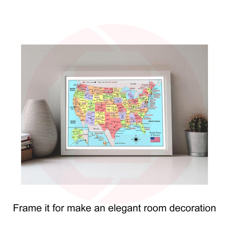 May include: A framed map of the United States, showcasing each state in a different color. The map includes labels for oceans, the Gulf of Mexico, and Canada. The American flag is displayed in the lower right corner. The text "Frame it for make an elegant room decoration" is at the bottom.