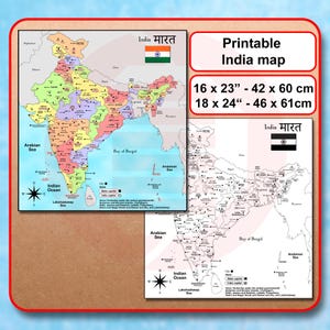 Puede incluir: Se muestran dos mapas imprimibles de la India, uno en color y otro en blanco y negro. El mapa en color muestra estados y territorios. El mapa en blanco y negro muestra ciudades. Los mapas están disponibles en 42 x 60 cm y 46 x 61 cm.