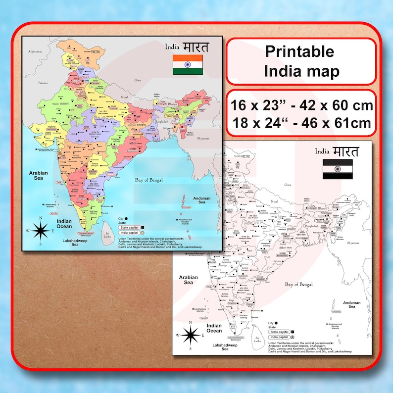 Printable India Political Map India Travel Plans Digital Download - Etsy
