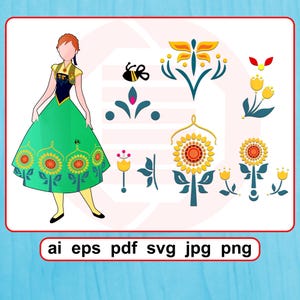 Op de afbeelding: Digitale illustratie van een personage in een groene jurk met zonnebloempatronen, vergezeld van bloemen- en insectengraphics. De afbeelding bevat tekst met bestandsformaten: ai, eps, pdf, svg, jpg en png.