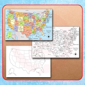Afdrukbare kaart van de VS politieke kaart van de Verenigde Staten van Amerika kleuren blanco reizen digitale kaart home decor Schoolbenodigdheden digitale download