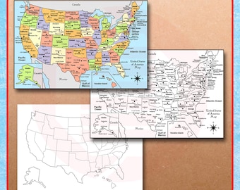 Printable United States of America map USA political map Travel plans School study digital download