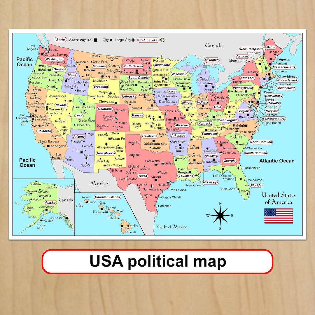 印刷可能なアメリカ合衆国地図（米国政治地図）トラベルスクール向け