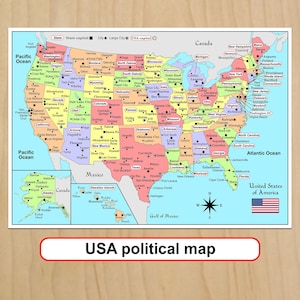 Mapa imprimible de EE. UU. Mapa político de Estados Unidos para imprimir (descarga digital para la escuela de viajes)