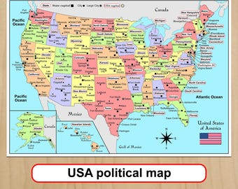 Printable USA map United States of America political map print Travel School digital download